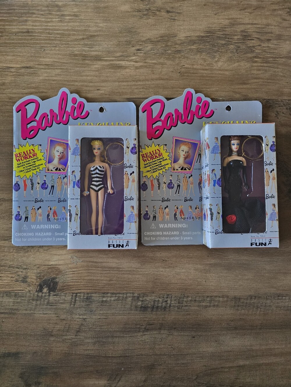Set of 2 Vintage 1995 Basic Fun Mattel Retro Barbie Keychains NRFB 700-0 + 701-0